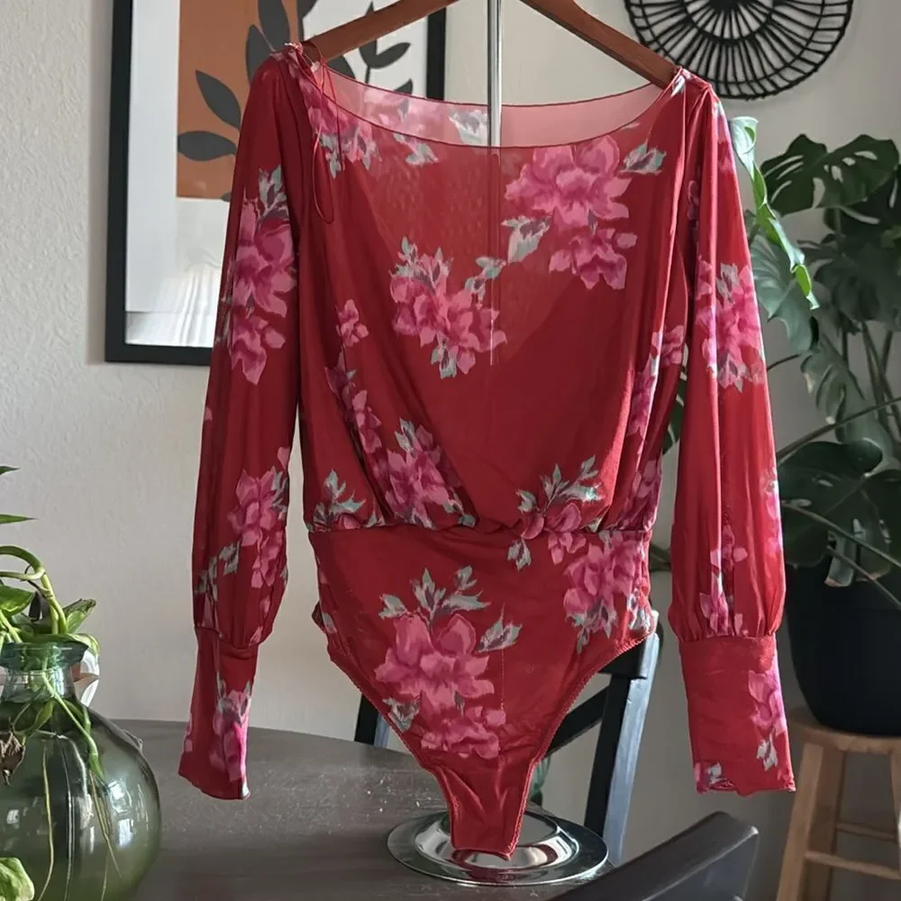 NWOT Free People Undercover Bodysuit XS Floral Thong Off Shoulder Long Sleeve